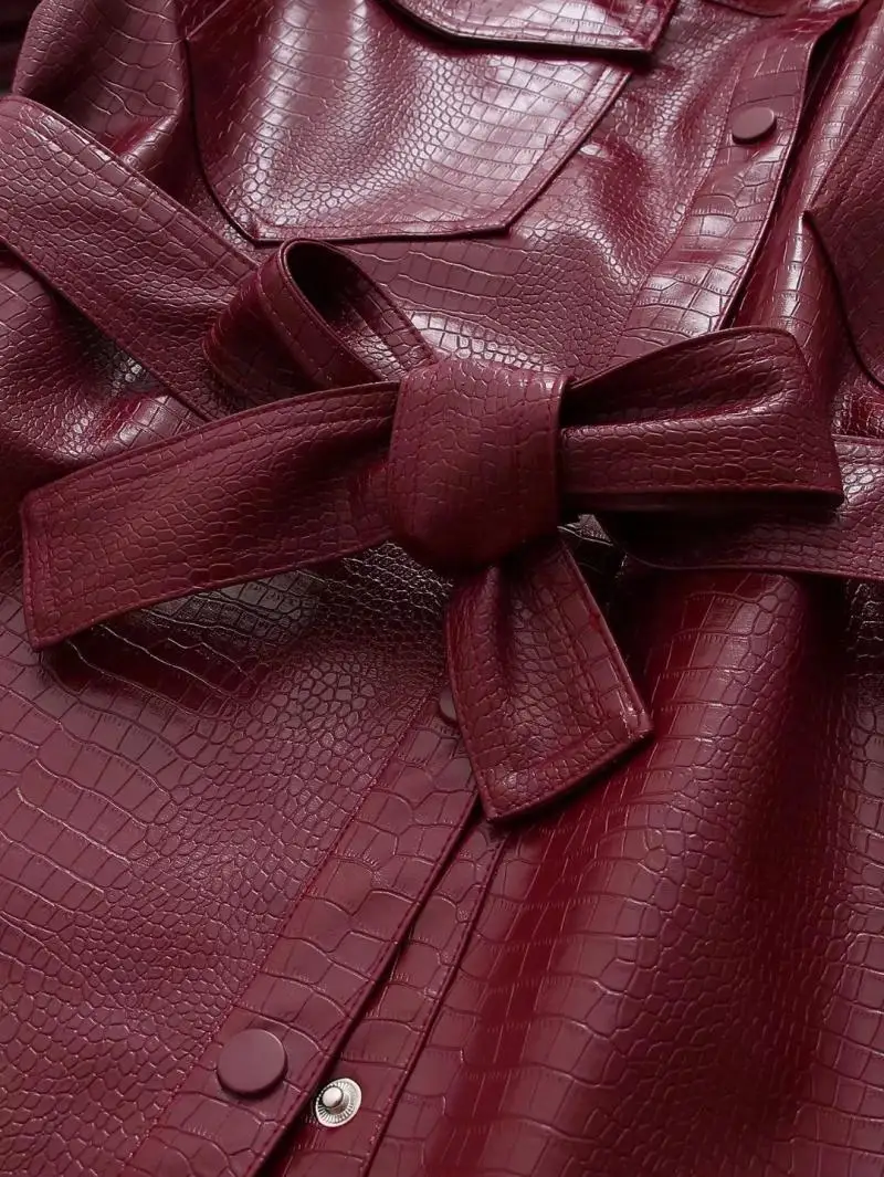 女性用アメリカンブロガー スレ PU レザー ジャエット ダブルケッツ ウエストベルト付き ワインレッド エメッドテクスチャー ストリートファション