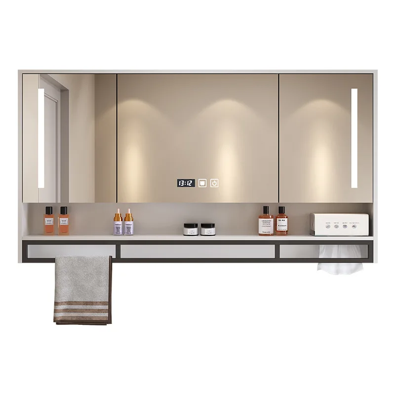 خزانة مرآة الحمام مع رف تخزين، وإضاءة LED، وسبائك الألومنيوم، وخزانة أدوية مقاومة للماء مثبتة على الحائط مع قضيب منشفة #4