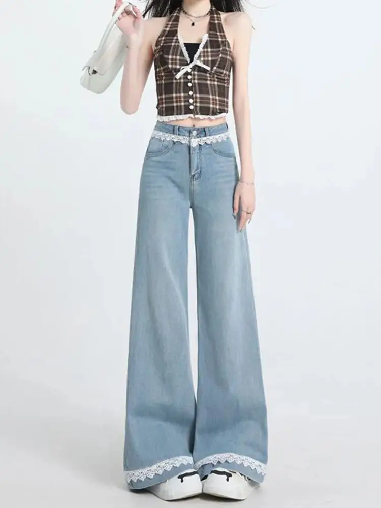 Women's Blue Lace-Edged Casual Denim Jeans Baggy Y2K American High Street 2000S Retro Style Loose Fit Trousers for Casual Wear
