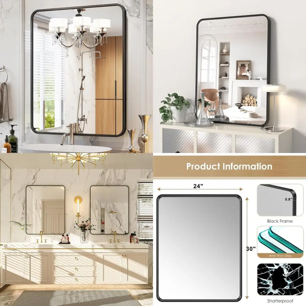 

Черное зеркало для ванной комнаты 24x30 для раковины, комода, прямоугольное настенное зеркало, настенное прямоугольное зеркало в металлической рамке для ванны