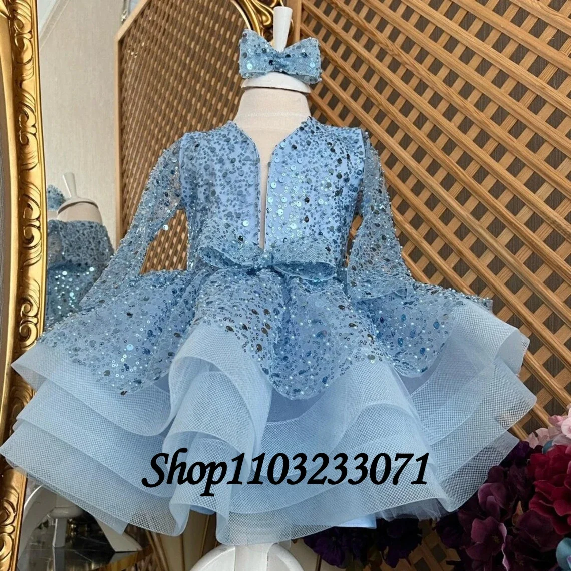 Flower Girl Dress Beaded Lace V-neck Knee-Length Ball Gown Child Kids Dress for Wedding Birthday Festival Party First Communion