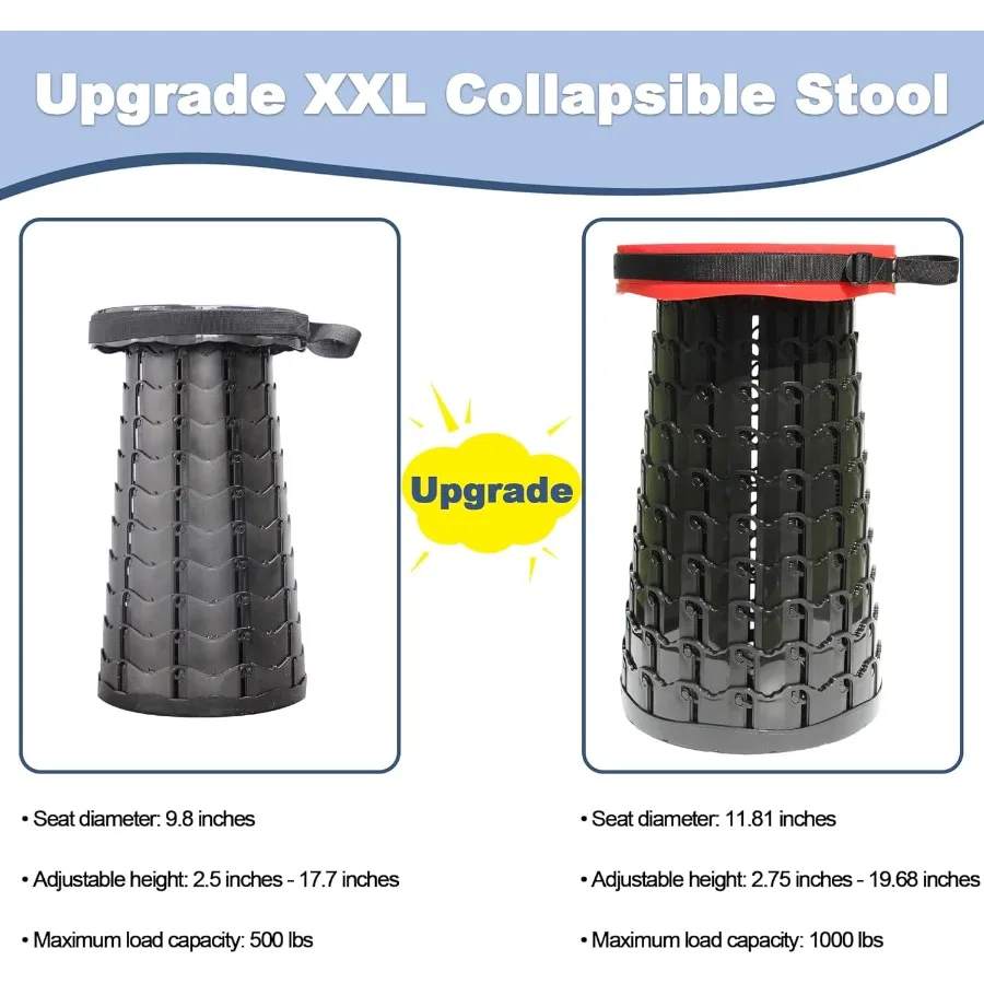 2025 Upgraded XXL 19.7 Collapsible Stool with Cushion 1000lbs Max Weight Heavy Duty Portable Telescoping Stool Retractable Seat