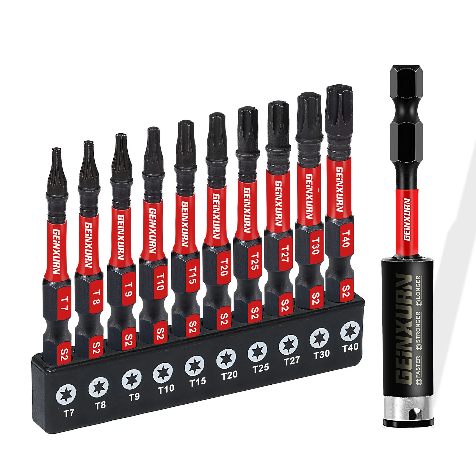 Geinxurn 2 Inches T7-T40 Torx Screwdriver Bit Set,Impact Tough Magnetic S2 Alloy Steel Star Bit with Base