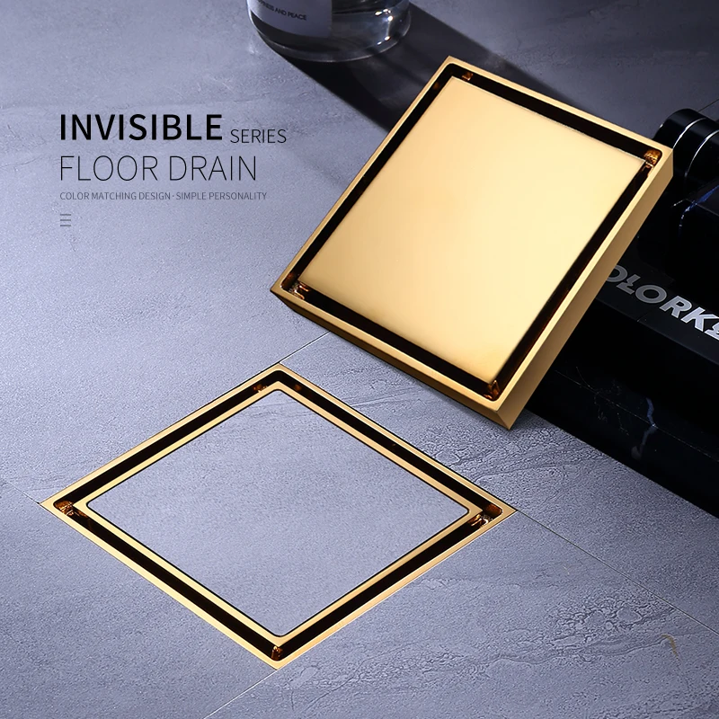 10cm Floor Golden Drains Brass Square Shower Floor Drain Tile Insert Gold Drain Channel For Bathroom Kitchen Waste