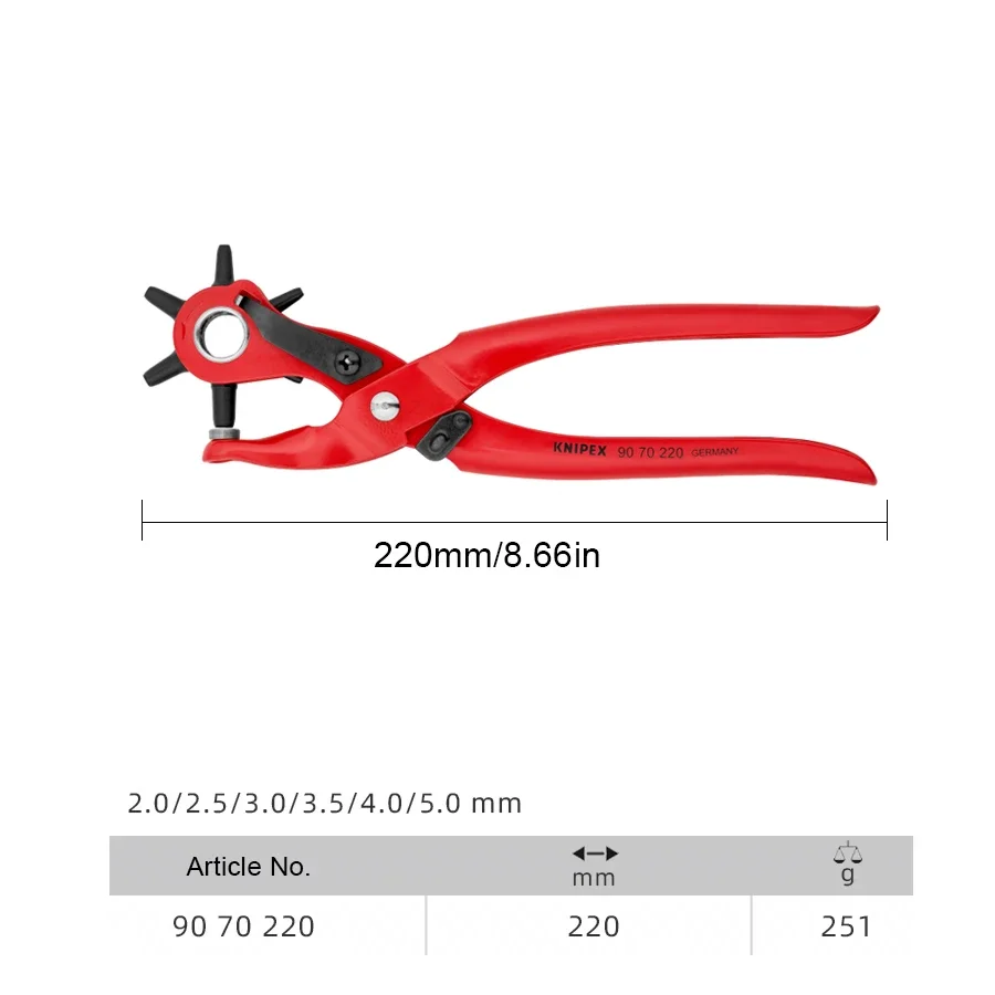 Knipex Revolving Leather Eyelet Hole Punch Puncher Punching Pliers 220mm Special Tool Steel Oil-hardened Hand Tools 9070220