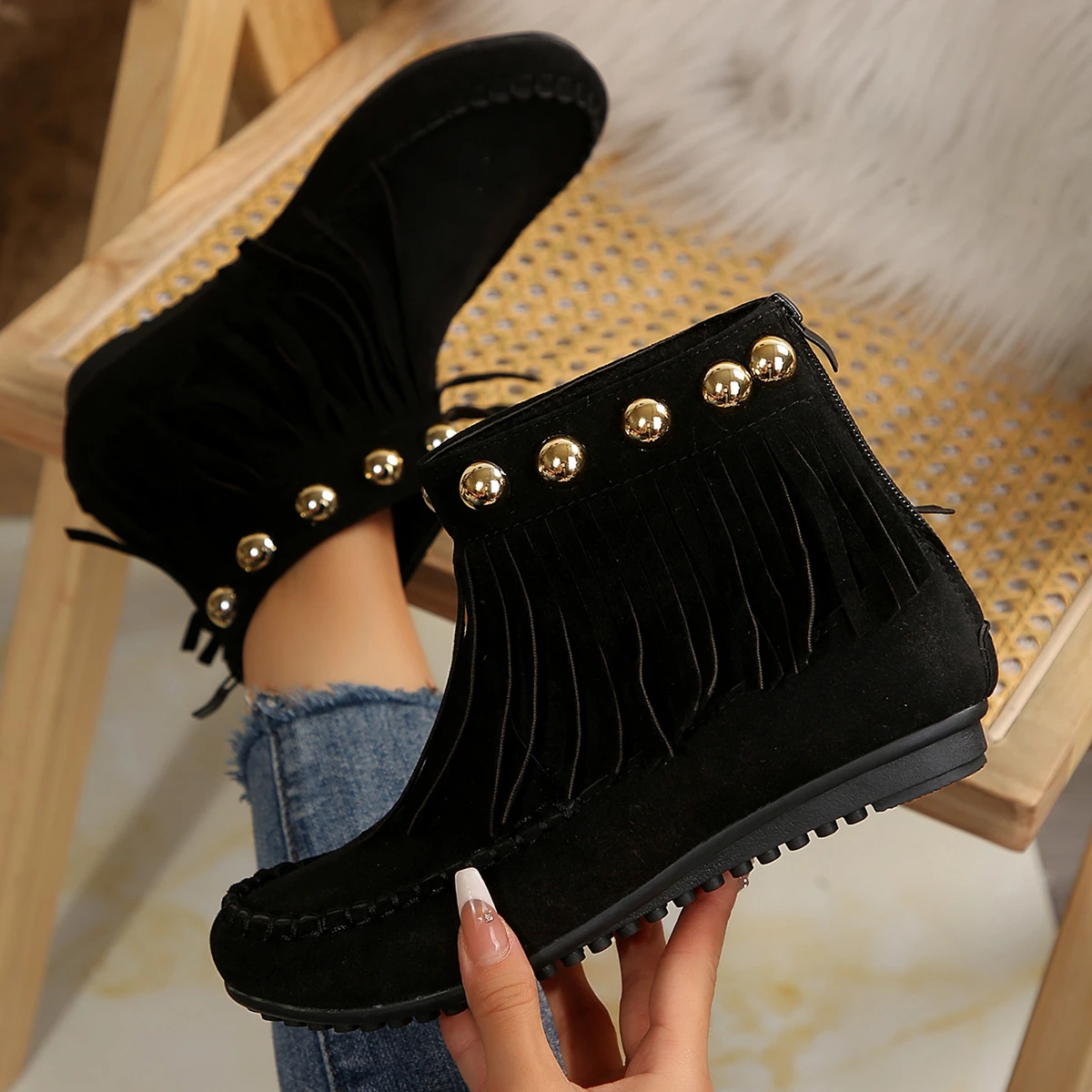 2024 New Women Comfortable Vintage Fringe Ankle Boots Women Winter Side Zipper Casual Round Toe Platform Boots Shoes for Women