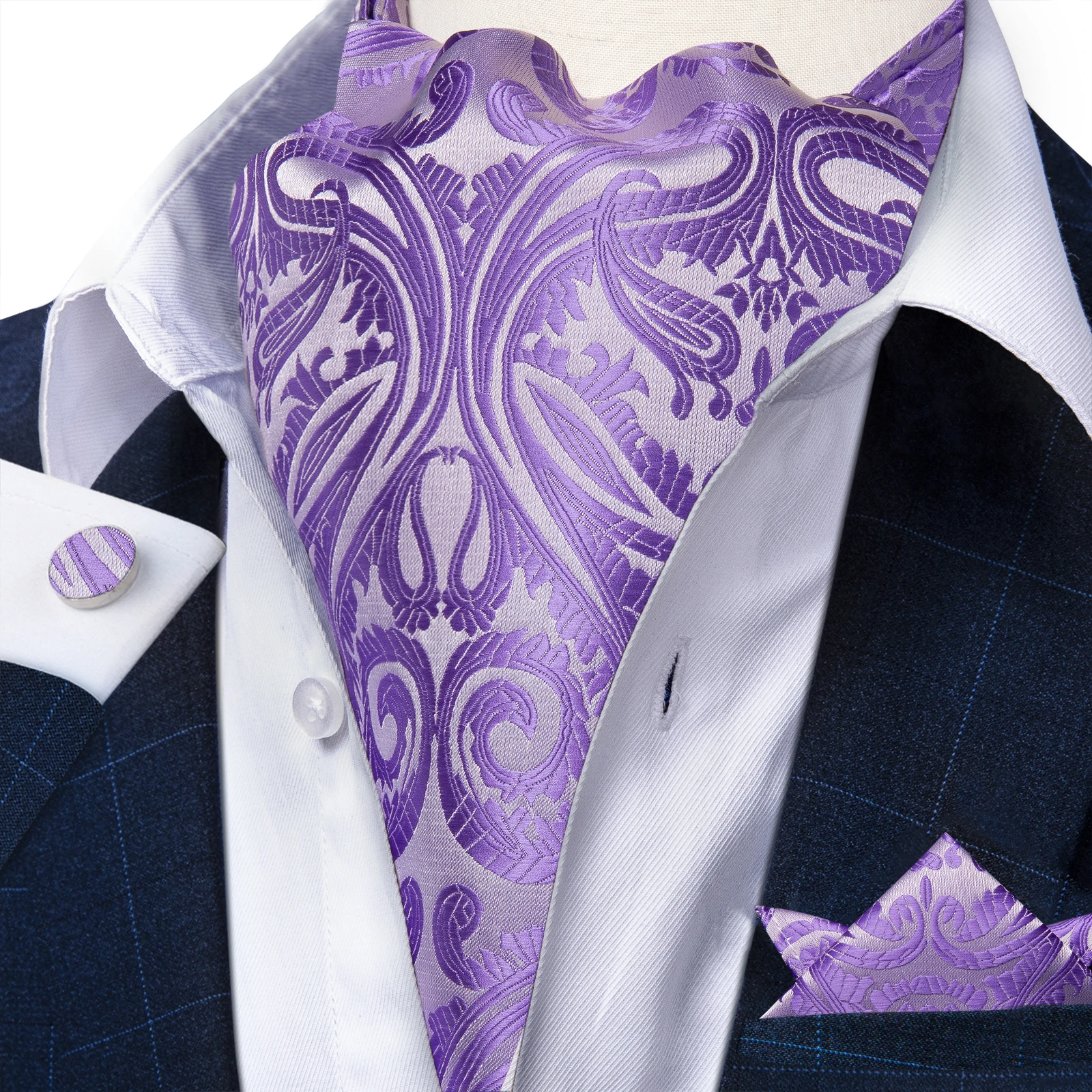 Barry.Wang Sciarpa alla moda Cravatta da uomo Ascot Corallo Marrone Viola Jacquard Cravatta floreale Set Gemelli Hankie Regalo di nozze