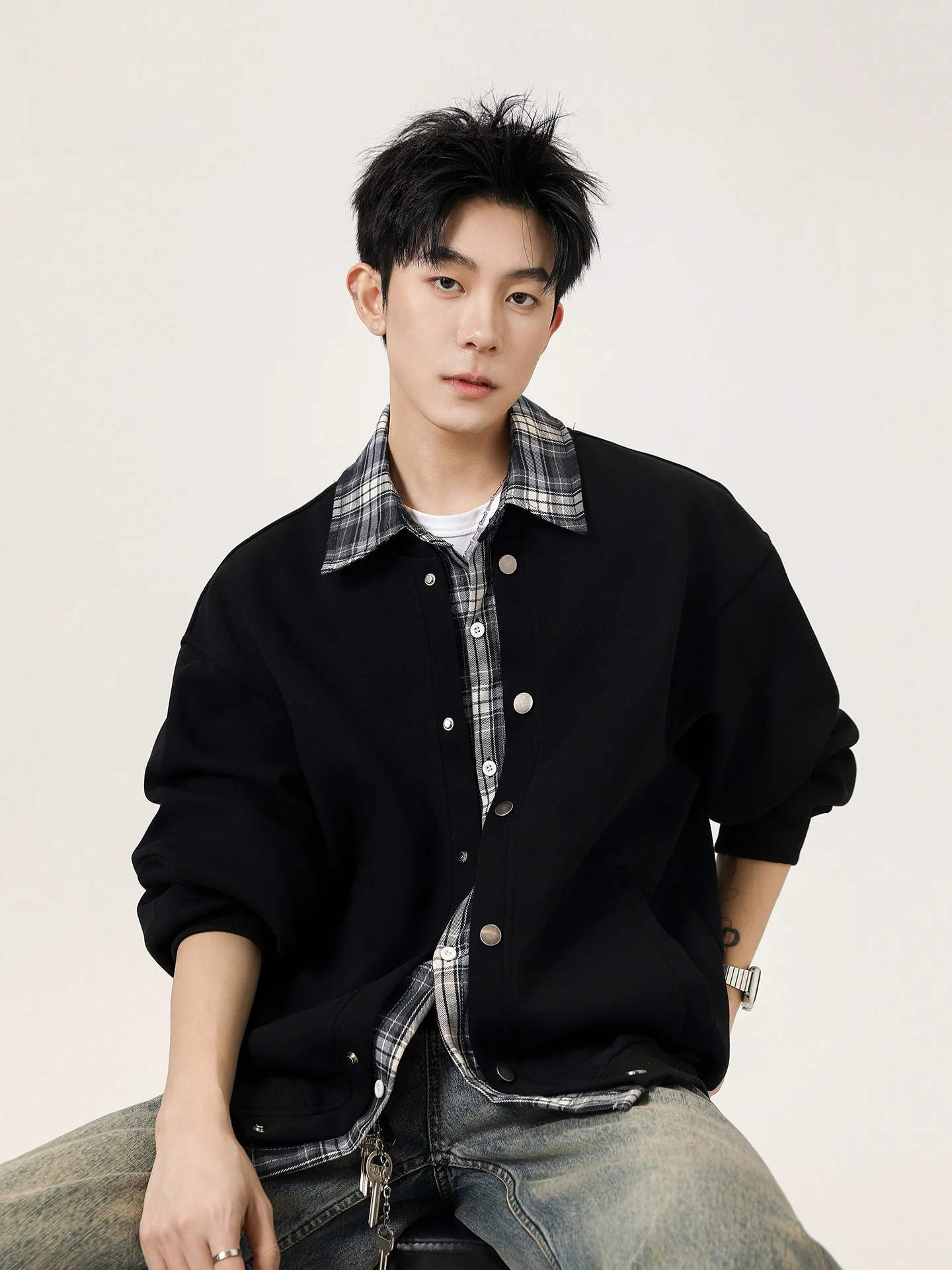 

Мужская толстовка American Sle Heavyweight в клетку с эффектом двухслойности, осенне-зимняя, новая модная повседневная молодежная верхняя одежда из полиэфирного волокна