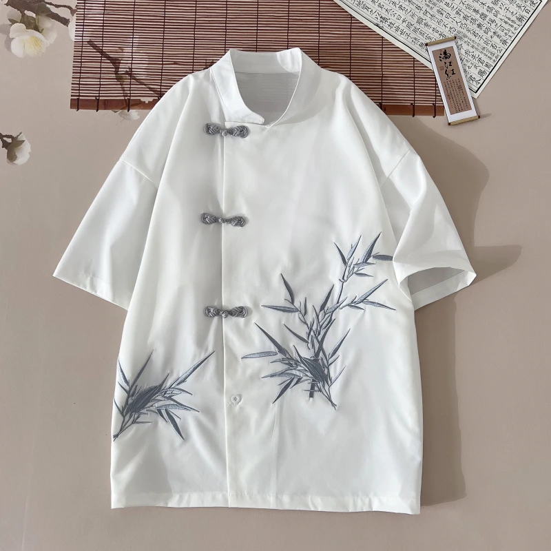 

2025 корейская стильная мужская рубашка с бамбуковой эмбрией и коротким рукавом, свободная летняя уличная одежда, мужская одежда, повседневные рубашки-туники плюс