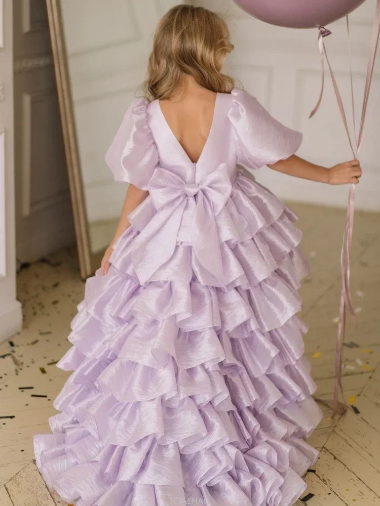 Long Dress Flower Girl Dresses Tiered With Bow Tailing Short Sleeve For Wedding Birthday Party Holy Communion Gowns Kids Beige