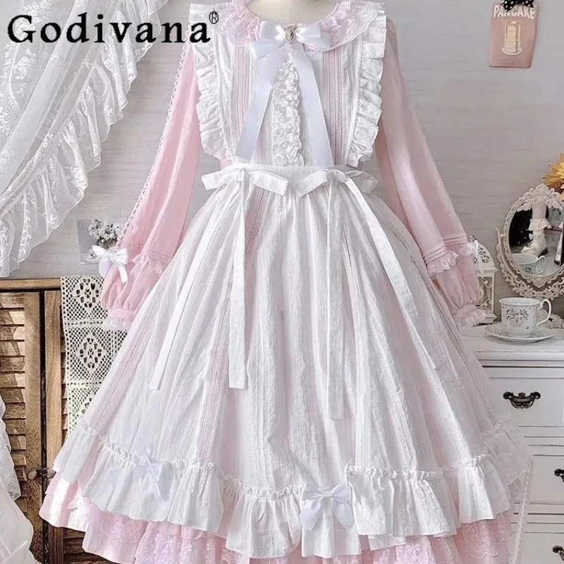 

Lolita White Versatile Classic Age Reduction Apron Blouse Sweet Girl Ruffles High Waist A-line Fashion Lace-Up Sleeveless Dress