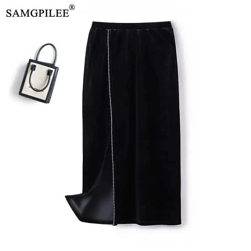 

Commuter Long Skirts For Women Fashion 2023 Autumn Winter Elastic Waist Diamond Inlaid Velvet Drape Slim Black Y2k Clothing 4XL