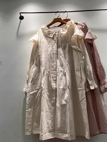 Japanese mori girl 100% cotton dress sweet beige pink pleated long sleeve dress for women autumn single-breasted dress