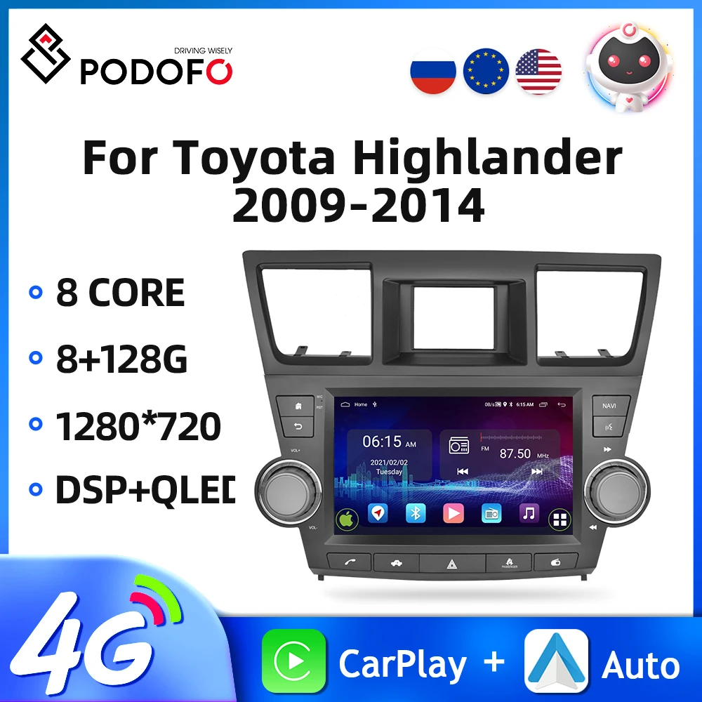 

Podofo 8core Audio Radio For Toyota Highlander 2009-2014 2din Car Multimedia Player Navigation GPS 4G WIFI DSP Wireless Player