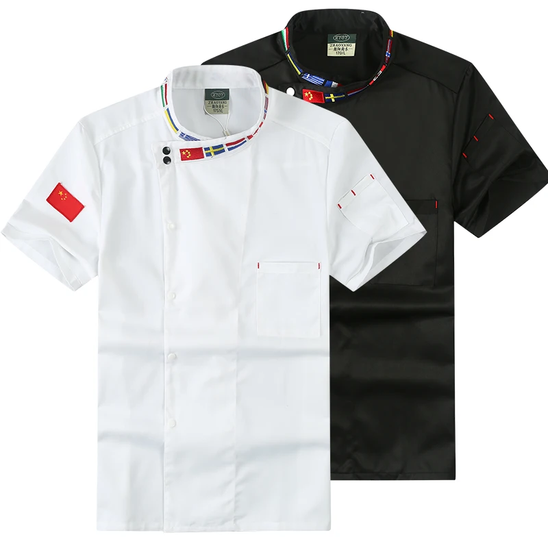 Unisex Chefแจ็คเก็ตแขนสั้นสีดำCookเสื้อผู้หญิงจีนร้านอาหารWaiter Uniformเบเกอรี่สีขาวสวมใส่