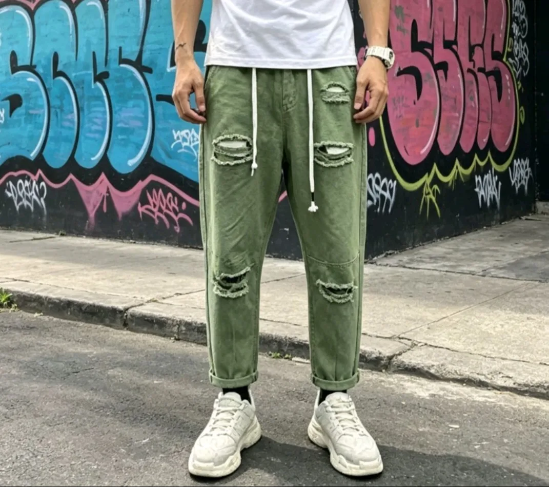 

Men's Green Knee Ripped Ankle-Length Jeans, Loose Tapered Slim-fit Baggy Harem Denim Pants, Summer Streetwear Casual Distressed