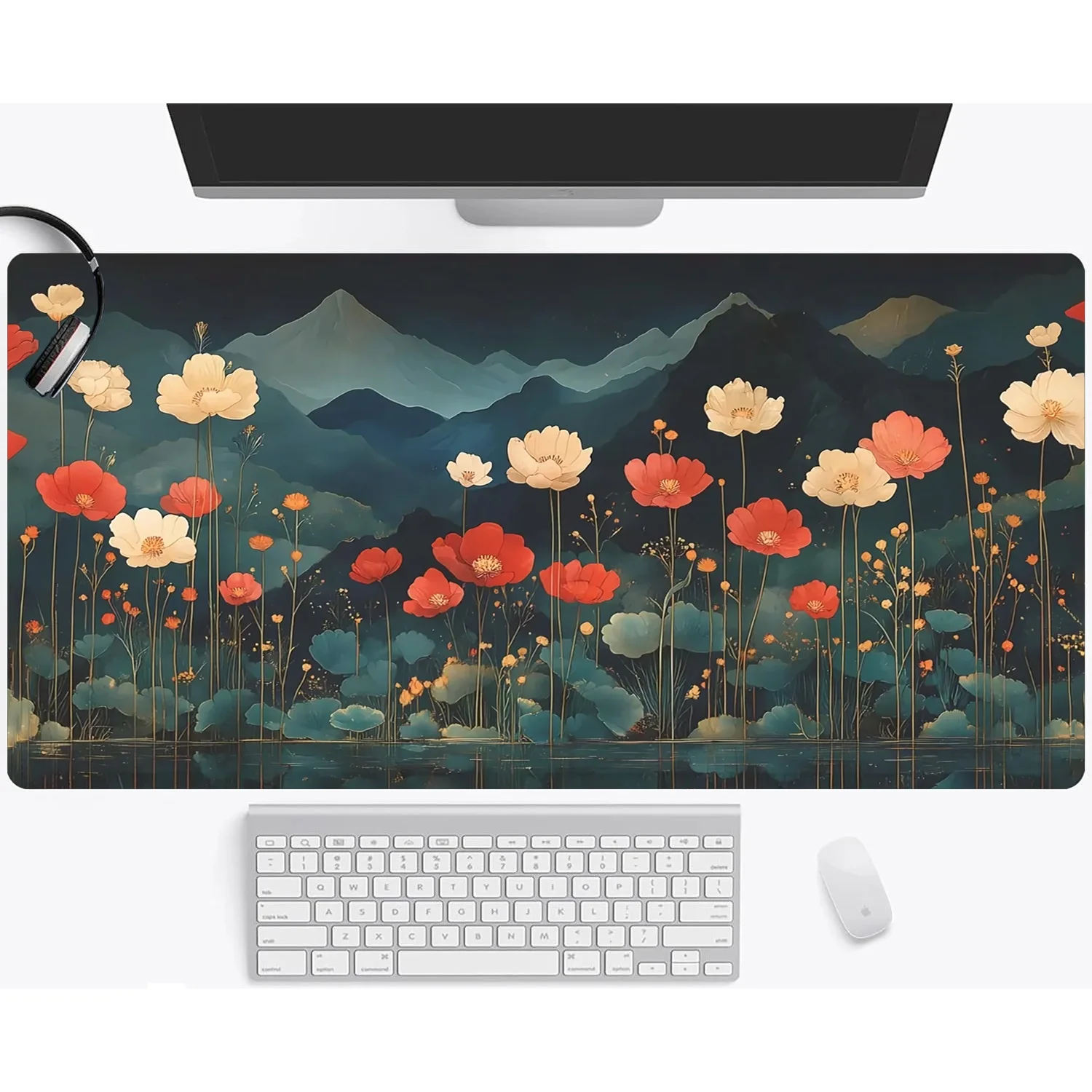 

1 шт. большой коврик для мыши и настольный коврик в стиле ретро с растениями и цветами - нескользящая резиновая основа, дизайн края швов, офис, доступ к домашним компьютером