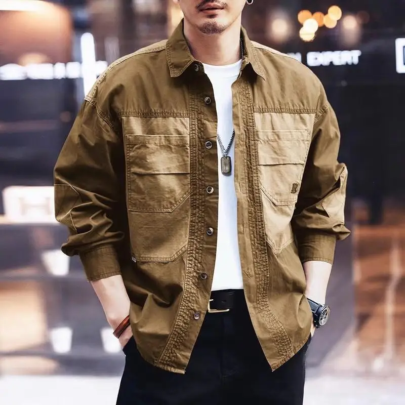 

2026 Men's Spring Autumn New Trendy Patchwork Cargo Long Sleeve Shirt Loose Handsome Casual Tops