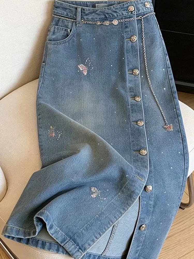 Skirt Vintage Blue Irregular Single Button Slit Sequins Denim Women Summer New Super Slimming A Line Midi Soft Breathable Skirts