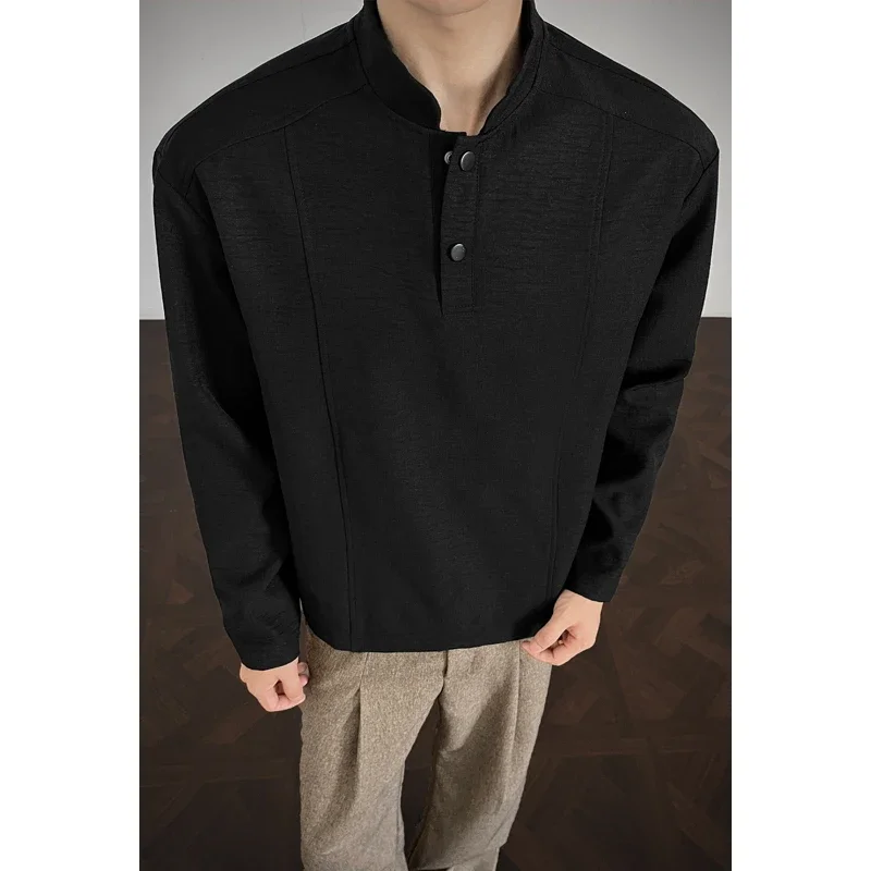 Mens Casual Stand Collar Long Sleeve Shirt Decorative Stitching Detail Half Button Placket Loose Cut For Weekend Gathering