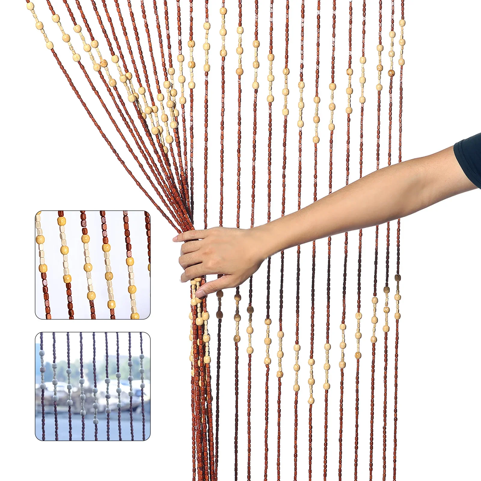 27 Strand Vintage Natural Wood and Bamboo Beaded Curtain Fly Screen for Bath Bedroom Porch Doorway