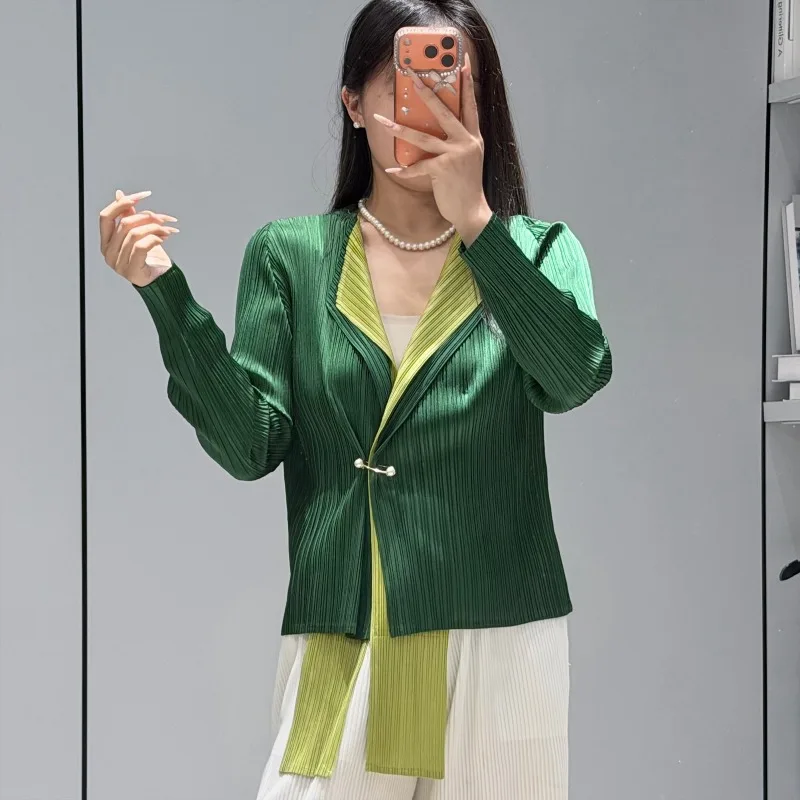  Pleated Cardigan 2026 Autumn New Lapel Long Sleeve Ribbon Top Fashion Casual Versatile Draped Women's Color Block Jacket