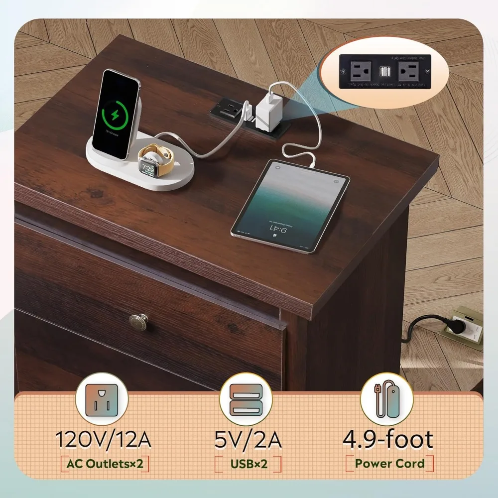 충전 스테이션이 있는 높은 침대 옆 탁자, 서랍 3개가 있는 나무 침대 옆 탁자, 침실용 침대 옆 탁자, 기숙사, USB 2개가 있는 작은 테이블