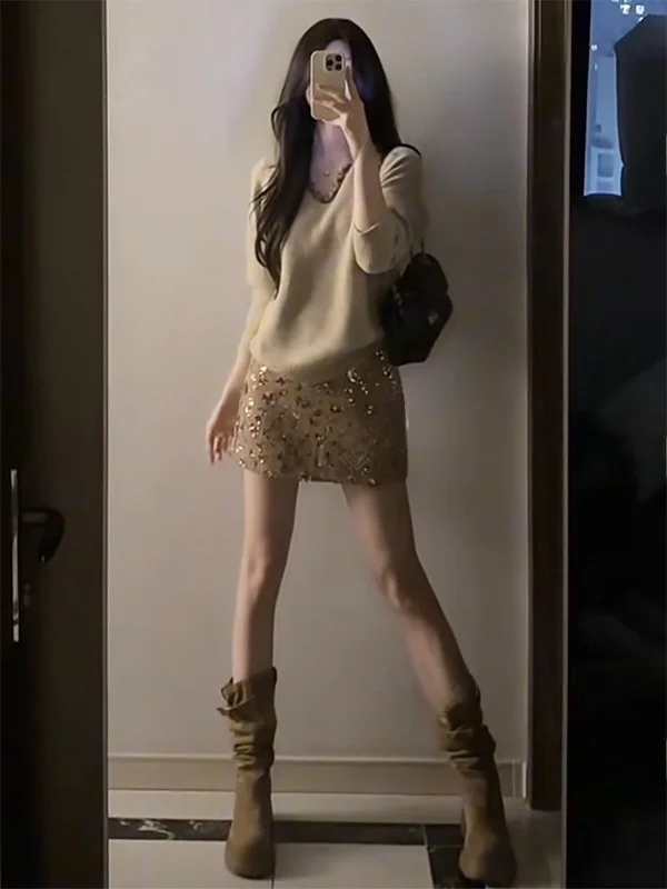 

Soft Cozy Knitted Sweater V-Neck Shawl Collar Women's Fashion Spring Autumn Bright Sequin Short Skirt Set Warm Mid-Thick