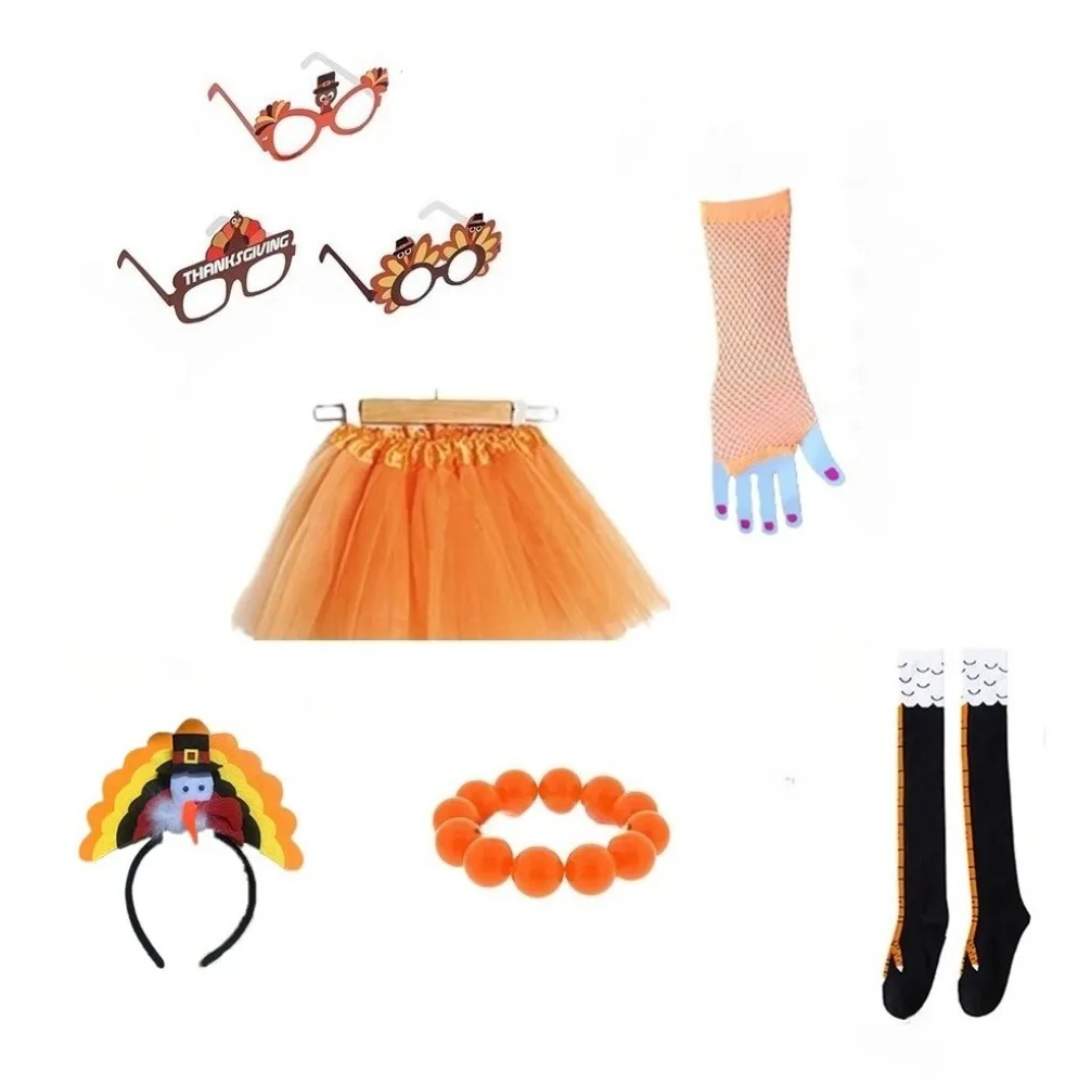 PESENAR Thanksgiving themed party outfit set (including turkey headband, decorative glasses, chiffon skirt, etc.)