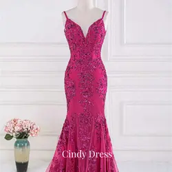 Rose Red Mermaid V-neck Shiny Sequins Lace Elegant Dresses for Women Evening Gown Ladies Customized Party Formal Occasion Luxury