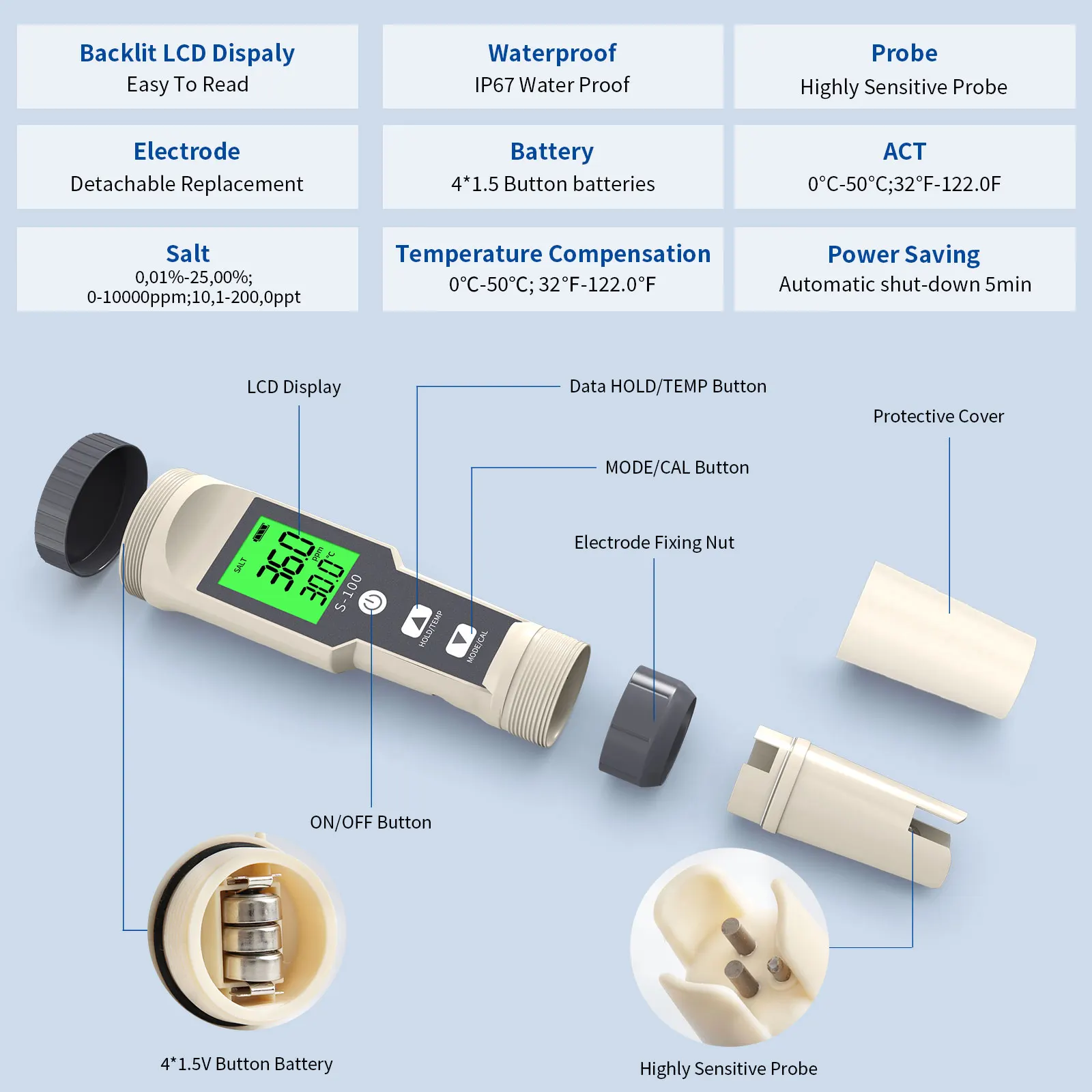 Digital Salinity Meter TDS/EC/Temp/Salt Water Quality Tester High Accuracy Salinometer for Aquariums Swimming Pool Spa Koi Pond