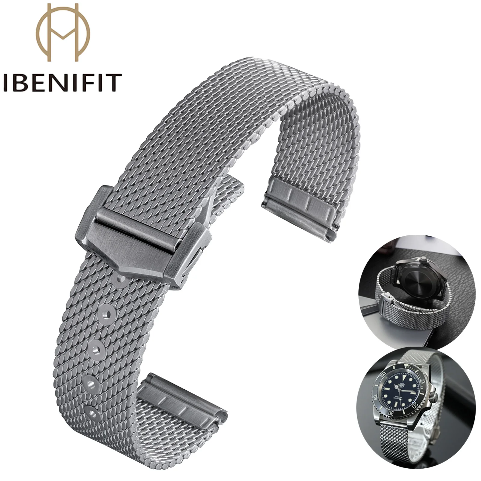 

IBENIFIT Mesh Strap 316L Stainless Steel Watch Strap 18/20/22MM Universal Loop Watch band Bracelet Metal Fast Release Strap NEW