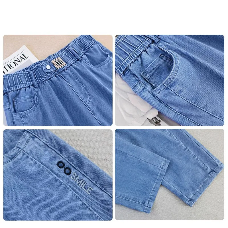 Calça jeans macia feminina, cintura alta, Harun, feminina casual, elástica solta, até o tornozelo, versátil, verão