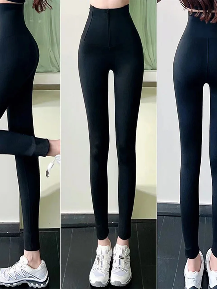 

ark Skin Yoga Pants Women's a Tummy Control Zipper Double Layered Outdoor Wearable Leggings Casual Long Pants