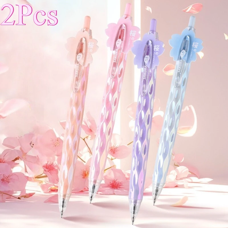 2Pcs Sakura Series Retractable Gel Ink Pens, Plastic, Quick-Drying, 0.5mm Point - Creative Flower Push-Top Writing Pens