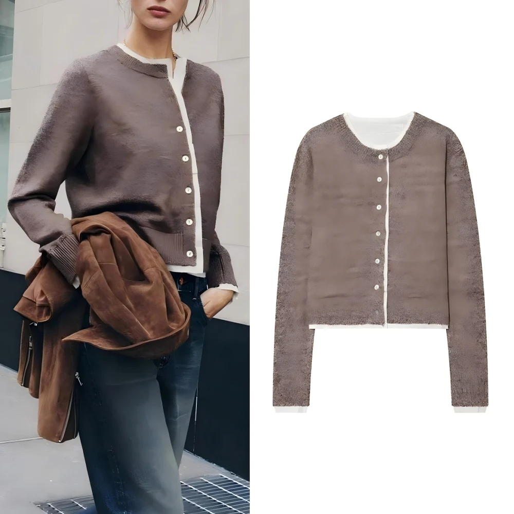 

Женское осеннее модное короткое мягкое текстурированное контрастное вязаное пальто в стиле ретро с длинными рукавами на пуговицах, женское пальто, шикарный топ