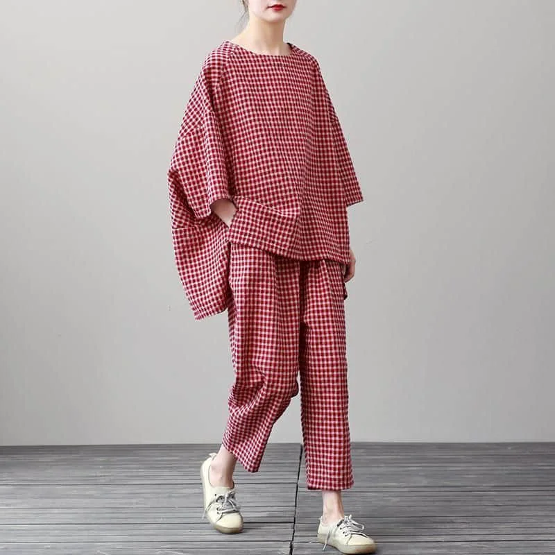 Cotton Linen Pants Sets Short Sleeve Vintage Plaid Tops and Casual Pants Oversized  Korean Fashion Two Piece Sets Women Outfits