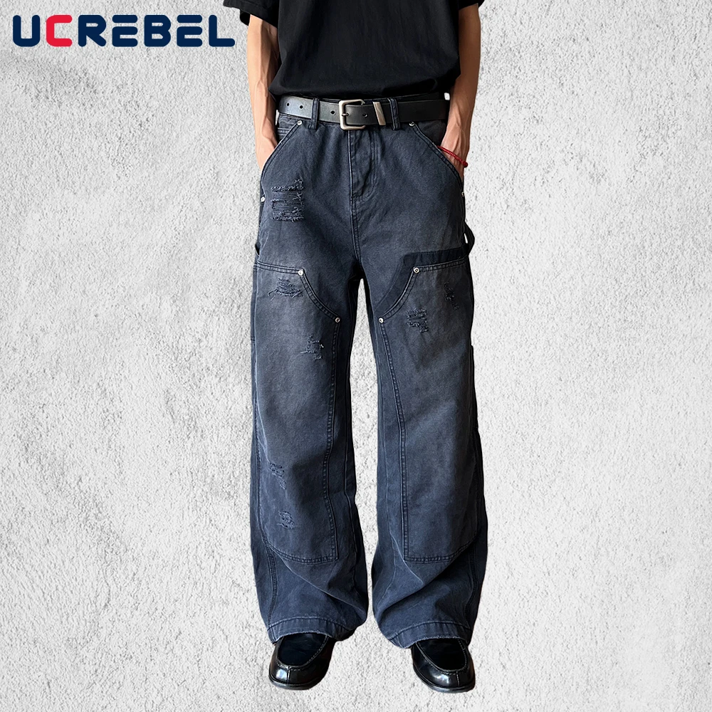 

Рваные брюки-карго с двойными коленами, мужские ретро уличные потертые прямые мешковатые широкие брюки-карго, мужские брюки