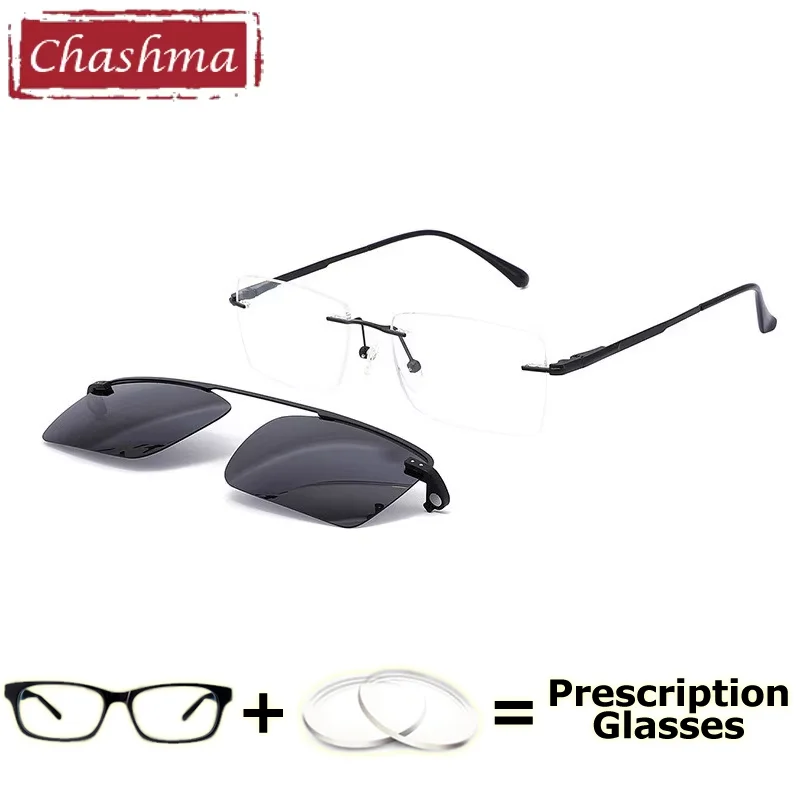 

Men Clip On Glasses Polarized Driving Rimless Myopia Glasses Multi focal Eyeglasses Optical Prescription Recipe Lenses