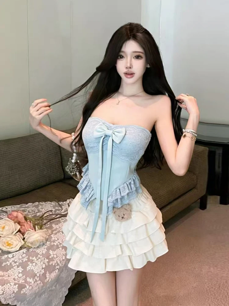 

Summer Sweet Spicy Style One Shoulder Knot Lace Trim Bustier Top Puffy Skirt Set High Waist Princess Style Casual Wear