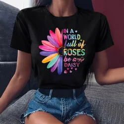 T-shirt noir avec imprimé floral pour femme, mignon, estival, années 90