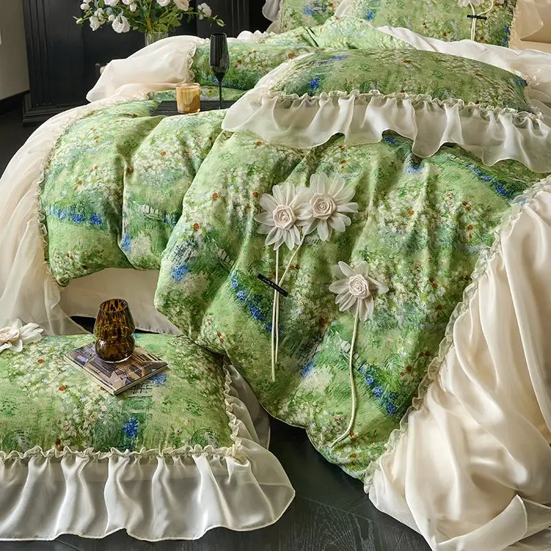 

High-end Green 4 Pieces Bedding Set - Eco-friendly Washed Cotton, Pink Lace Duvet Cover with Bed Skirt, Soft & Breathable Fabric