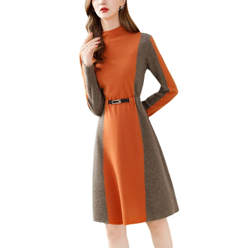 

2022 autumn and winter new women's temperament semi-high collar long-sleeved knitted dress sweater bottoming skirt