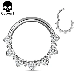 Casvort 1PC 16G Sparkling Titanium Hoop Nose Ring with CZ Stones Septum Hinged Clip Cartilage Hoop Earrings Piercing Jewelry