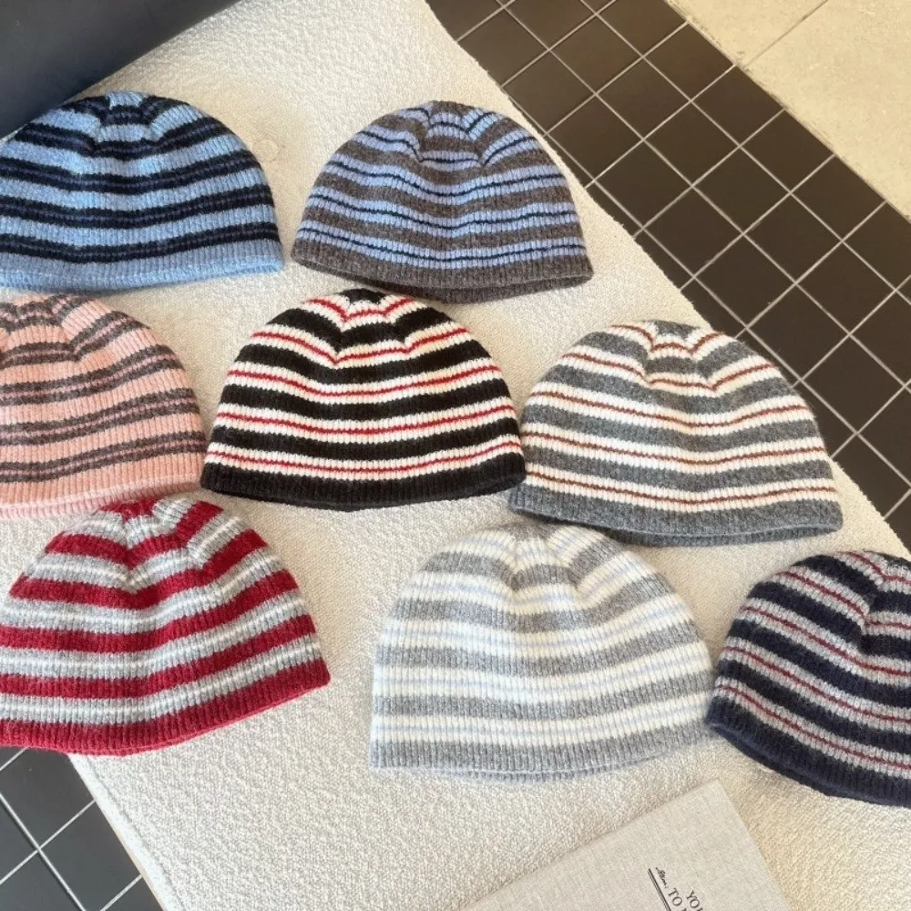 Cold Hat Wool Blend Striped Beanie Hat Color Blocked Soft Ribbed Knitted Cap Korean Style Thermal Warm Pullover Hat Cycling