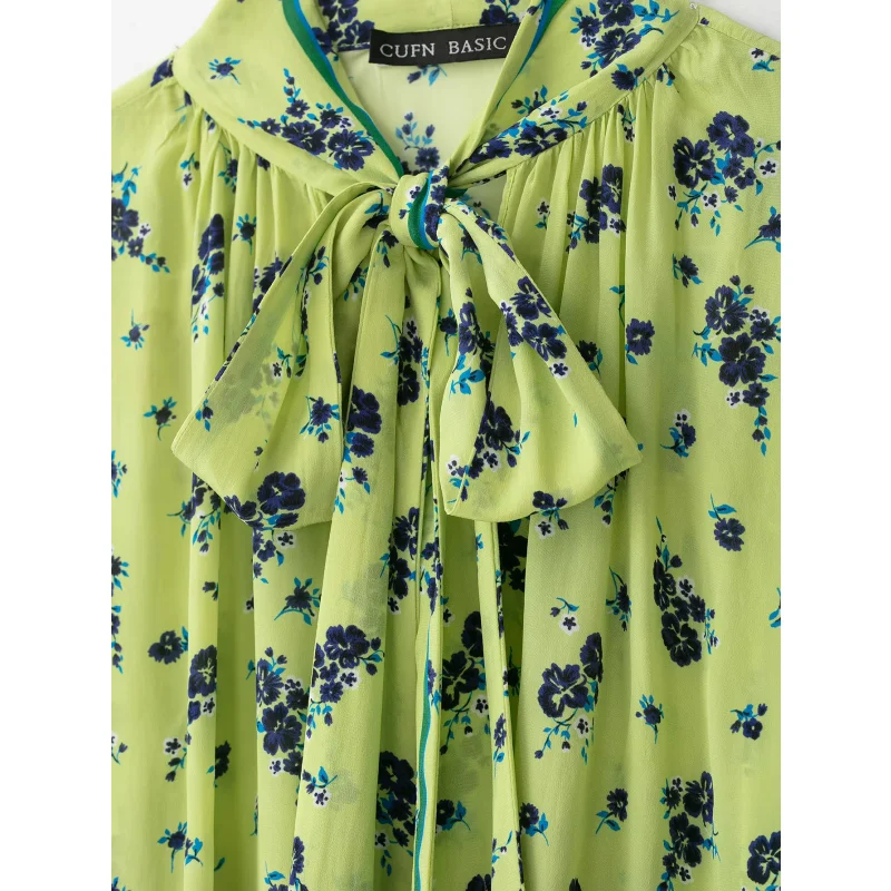 2026 Herbst Neue Damenbluse Vintage Blumendruck Schleifenknoten am Hals Lange Puffärmel Kontrastrand Lose Blusen Alltags- und Büro-Oberteile – Detail 7