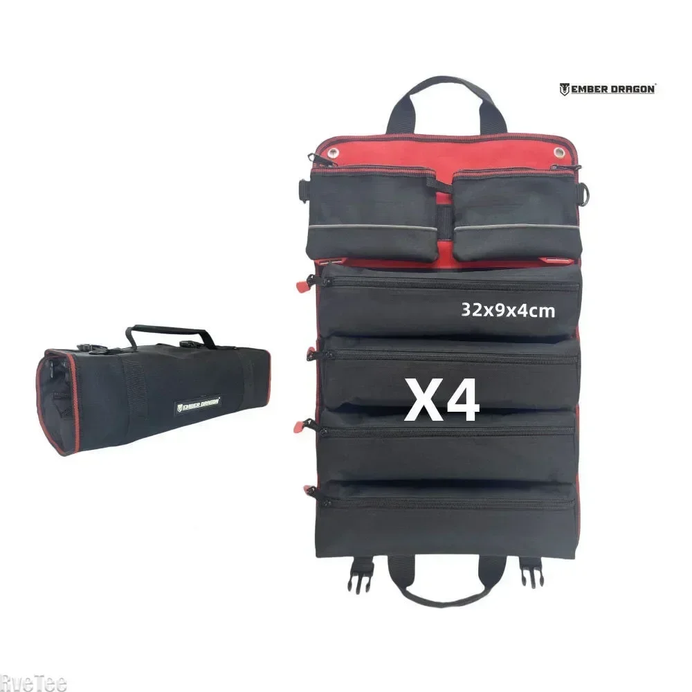 

Handheld Rolled Dragon Roll Up Canvas Tool Bag with 2 Pcs Mesh Bag 4pcs Zippered Bag for Electrician Tools Storage Organizer
