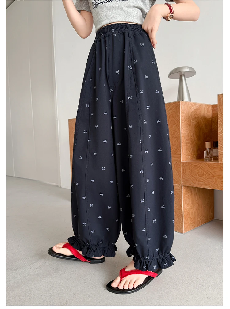 Elegante Kinder-Freizeithose mit Rüschen und Schleife für Mädchen im Alter von 5, 6, 8, 10, 12, 14 Jahren, Marineblau – Detail 4