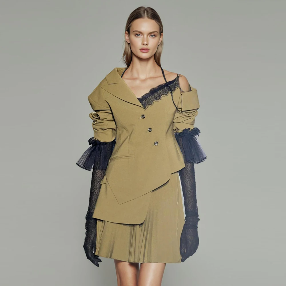 

Женская кружевная куртка в стиле пэчворк с длинным рукавом и асимметричным воротником