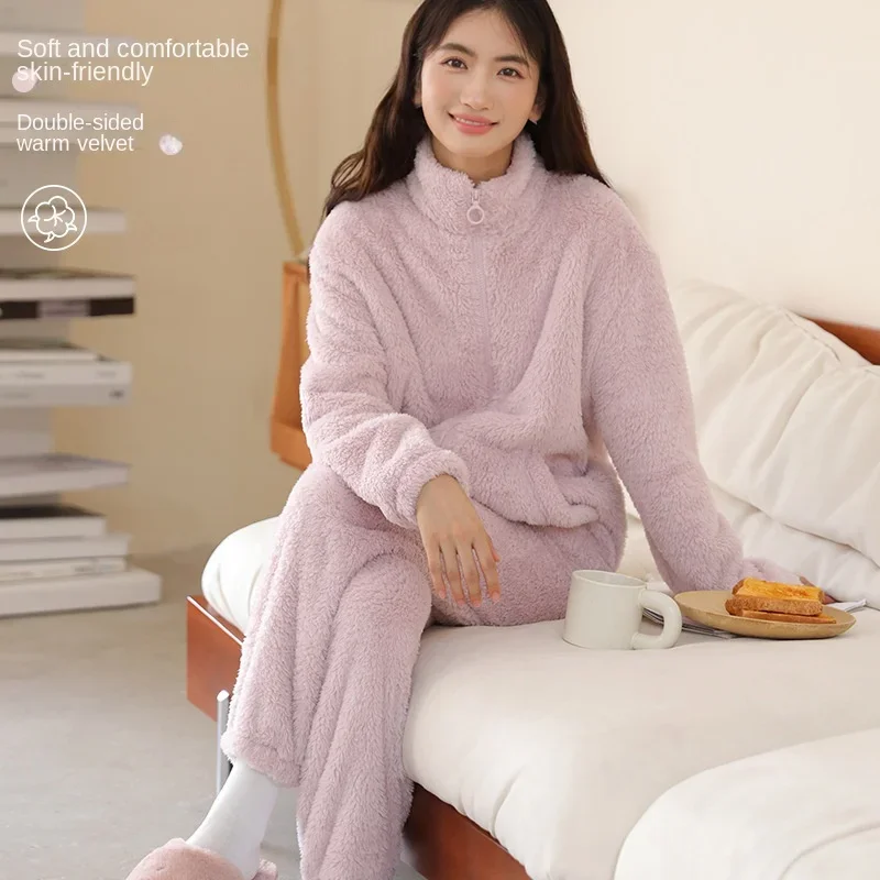 Winter Warm Coral Fleece Women Pajamas Set Thickened Flannel Long Sleeve High Collar Trouser Pijamas Suit Loose Flannel Homewear